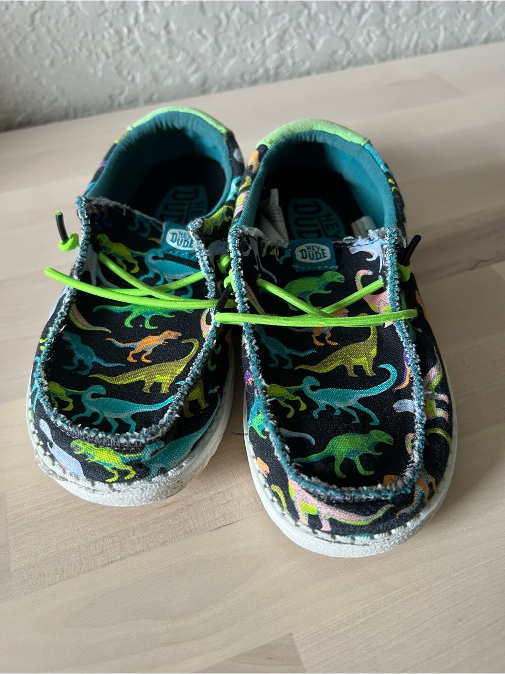 Hey Dude Kids' Neon Green Dinosaur Canvas Shoes